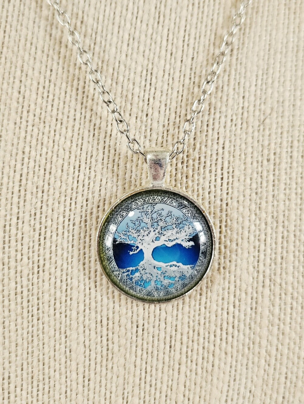 Tree Of Life Celtic Blue Domed Glass Round Cabochon Silver Tone Pendant Necklace - Picture 3 of 11